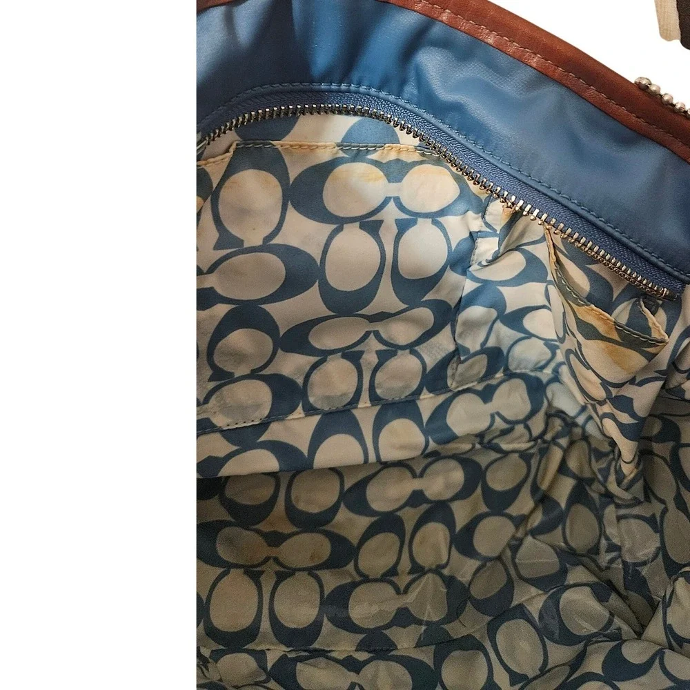 Coach Blue Nylon Leather Trimmed Satchel Handbag Designer Purse